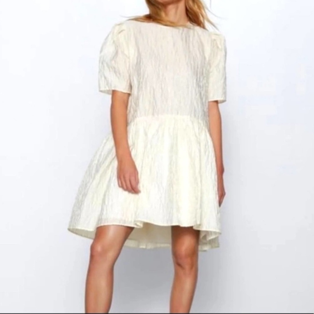 Zara Mini Dress Textured Oversized Short Sleeve Drop Waist Ivory Women’s Small